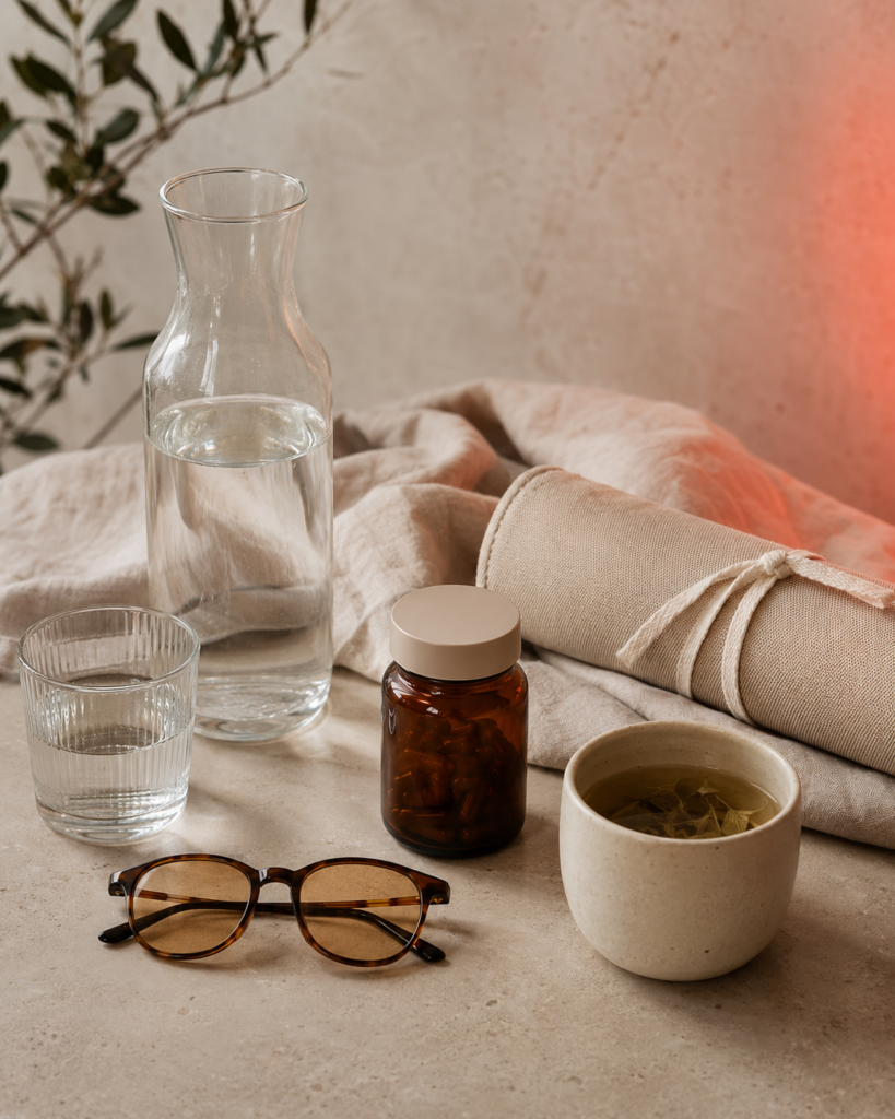 Stillleben mit Wasser, Blueblocker-Brille, Supplements, Kräutertee und Entspannungsmatte